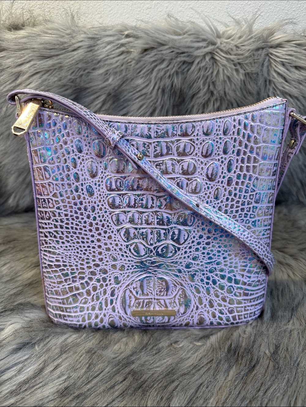 Brahmin Iridescent Lavender Croc-Embossed Crossbody Bag
